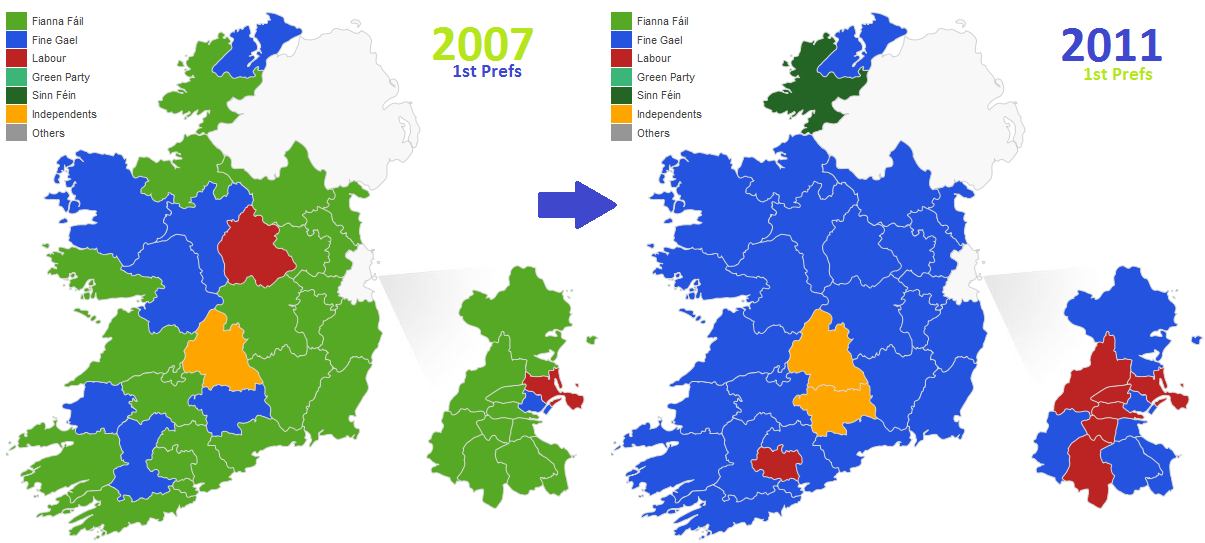Which party got most first-preference votes in each constituency in the 2007 and 2011 elections?